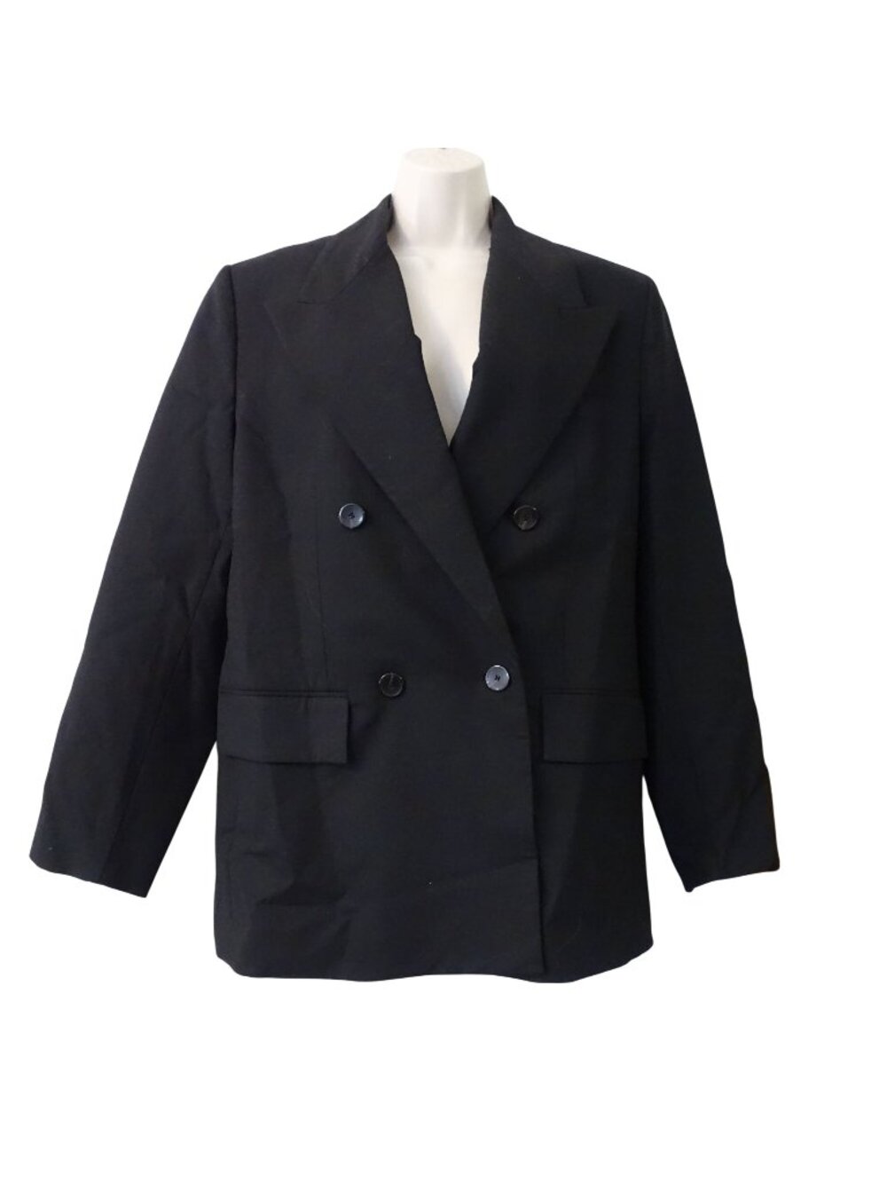 Mango MNG Black Wool Blend Double Breasted Blazer Women Size L Business Office